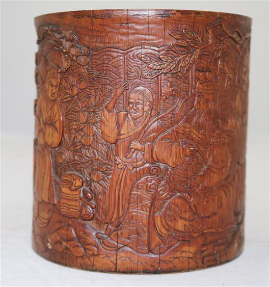 A Chinese bamboo brush pot, Bitong, 19th century, height 13.5cm, base panel lacking, age cracks